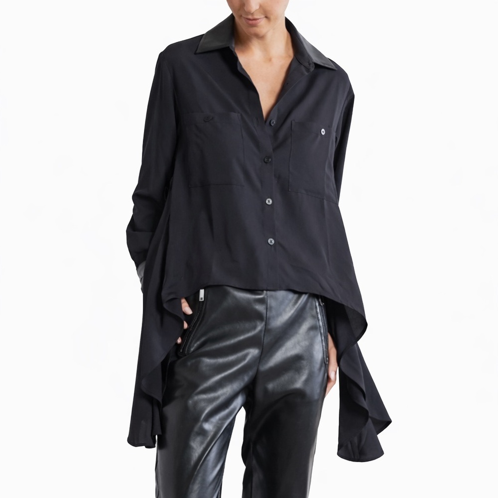 Ruti XL High-Low faux leather Button Up 0990 Top Blouse Black sheer lagenlook